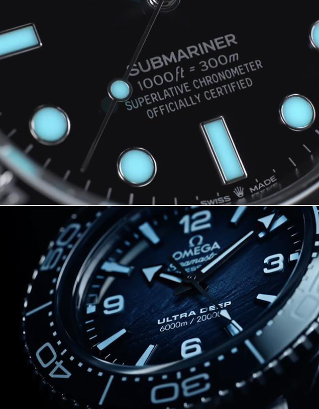 미터와 피트가 함게 표시된 서브마리너와 씨마스터<br/>© Rolex, Omega