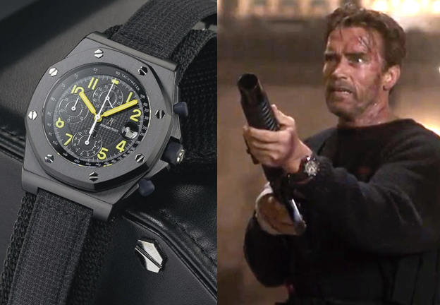 '더 레거시'는 아놀드 슈워제네거가 '99년 영화<br/>[엔드 오브 데이즈]에서 착용한 로열 오크 소품에서 현실이 된<br/> 첫 리미티드 에디션 오프쇼어의 헤리티지 모델입니다.<br/> © AP Chronicles, Universal Pictures